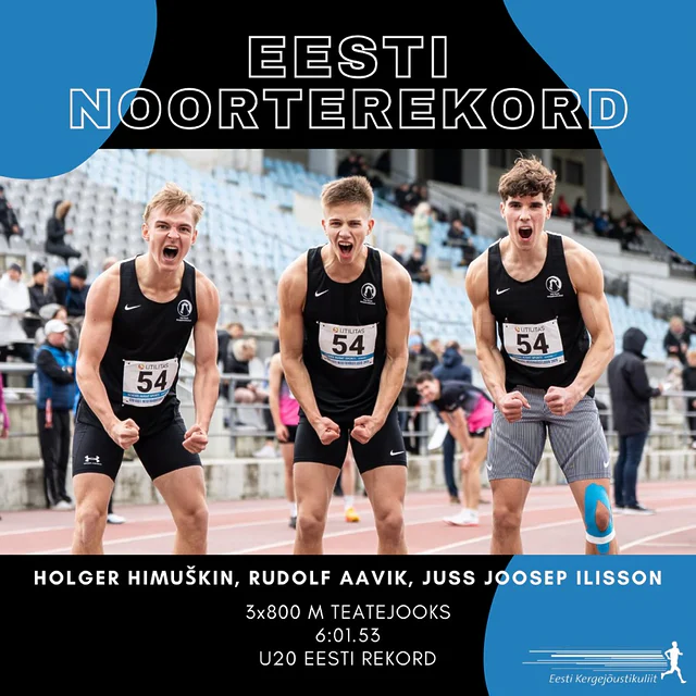 EESTI NOORTEREKORD 🇪🇪SK Elite Sport teatevõistkond püstitas täna Kadrioru staadionil toimunud teatejooksude Eesti meistrivõistlustel uue U20 Eesti rekordi 3x800 m teatejooksus 🔥 Võistkond koosseisus Holger Himuškin, Rudolf Aavik ja Juss Joosep Ilisson jooksis uuteks rekordnumbriteks aja 6:01.53.Eelmine rekord 6:03.61 oli püstitatud 2022. aastal Valga SK Maret-Sport noormeeste poolt.Palju õnne! 👏🏻 #kergejõustik