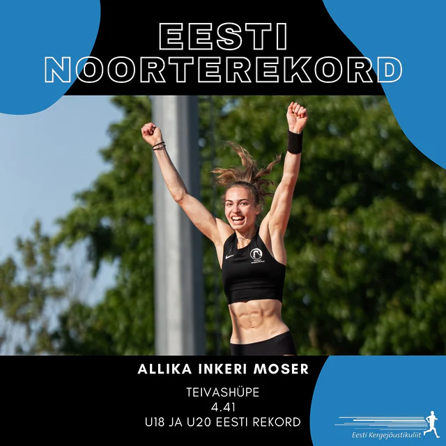 EESTI NOORTEREKORD 🇪🇪Tartus toimunud Eesti karikavõistlustel püstitas Allika Inkeri Moser teivashüppes uue U18 ja U20 vanuseklassi Eesti rekordi! 🔥Rekord paranes lausa kahel korral - kõigepealt ületas ta kõrguse 4.35 ning seejärel ka 4.41. Selle tulemusega tõusis 17-aastane Allika Eesti kõigi aegade edetabelis Marleen Mülla järel teiseks ning hoiab U18 maailma hooaja edetabelis liidrikohta 🤩Eelmine rekord kuulus samuti Allika nimele alates veebruarist tulemusega 4.31.Palju õnne! 👏🏻 📸: Tõnis Tõnström/EKJL