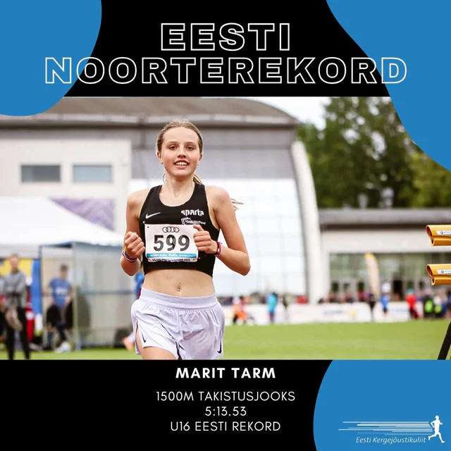 EESTI NOORTEREKORDID 🇪🇪U14 ja U16 Eesti meistrivõistluste teisel päeval püstitati neli uut Eesti noorterekordit. 🔥Marit Tarm jooksis uue Eesti noorterekordi 1500m takistusjooksus ajaga 5:13.53. Vana rekord 5:18.00 kuulus Viola Hambidge nimele ning oli püstitatud 2021.aastal Vilniuses. Konrad Kruuse püstitas uue 110m tõkkejooksu noorterekordi ajaga 14.44. Eelmine rekord 14.48 kuulus Karl Kristjan Pohlakule ning oli püstitatud 2021.aastal Rakveres. Vladimir Ivanov püstitas uue Eesti noorterekordi 3000m käimises ajaga 18:16.25. Eelmine rekord 18:55.30 kuulus Artur Hardinile eelmisest aastast. Tüdrukute 3000m käimises püstitas uue Eesti noorterekordi Maria Smirnova ajaga 18:22.53, millega lõi üle eelmise rekordi 18:24.95, mis oli püstitatud 2019.aastal Rakveres Alina Demidovitši poolt. Palju õnne kõikidele uutele rekordiomanikele!👏🏻
