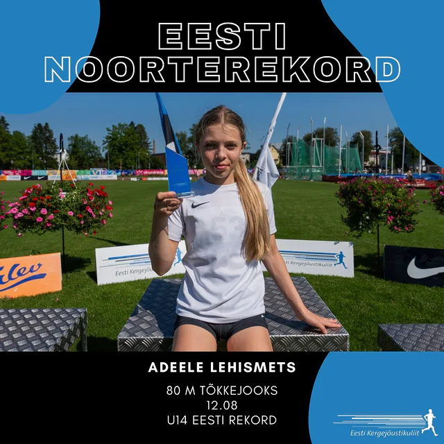 EESTI NOORTEREKORD 🇪🇪Eile Rakveres alanud noorte mitmevõistluse Eesti meistrivõistlustel püstitas Adeele Lehismets 80 m tõkkejooksus uue U14 Eesti rekordi ajaga 12.08.Varasem rekord kuulus Ellen Ingrid Aadamsoo nimele ajaga 12.14 ning oli joostud 2021. aastal.Palju õnne! 👏🏻 📸: Tõnis Tõnström/EKJL